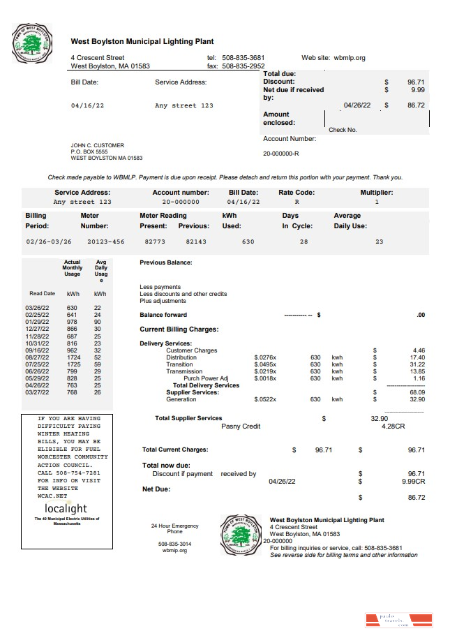 USA West Boylston utility bill template in Word and PDF format